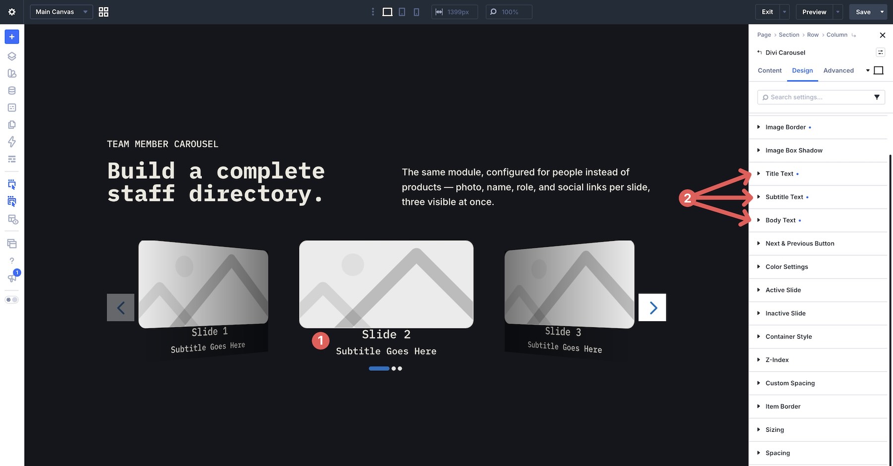 Title, Subtitle, and Body Text styling groups in Divi Carousel Module 5.0