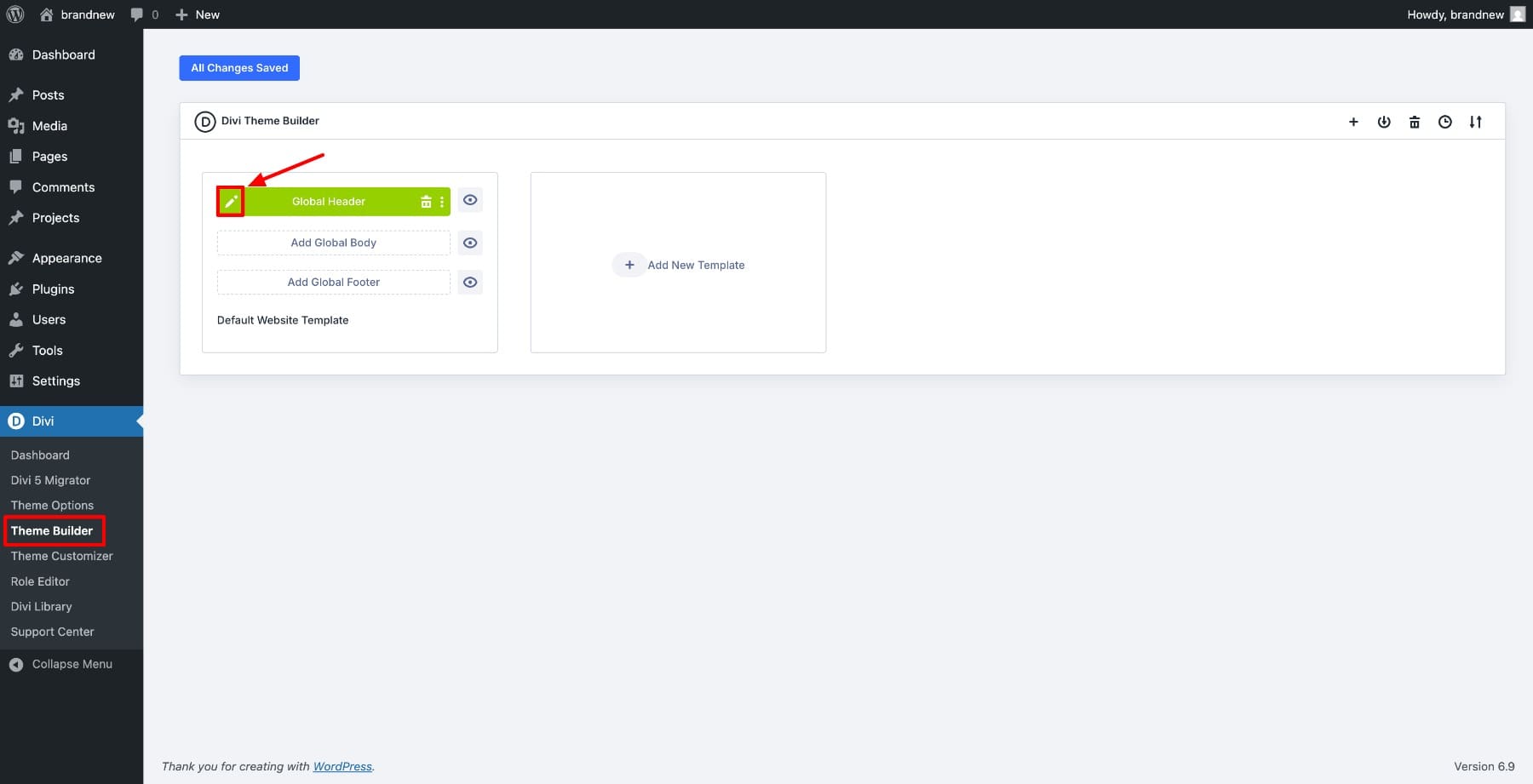 Where the Theme Builder sits in the WordPress admin menu