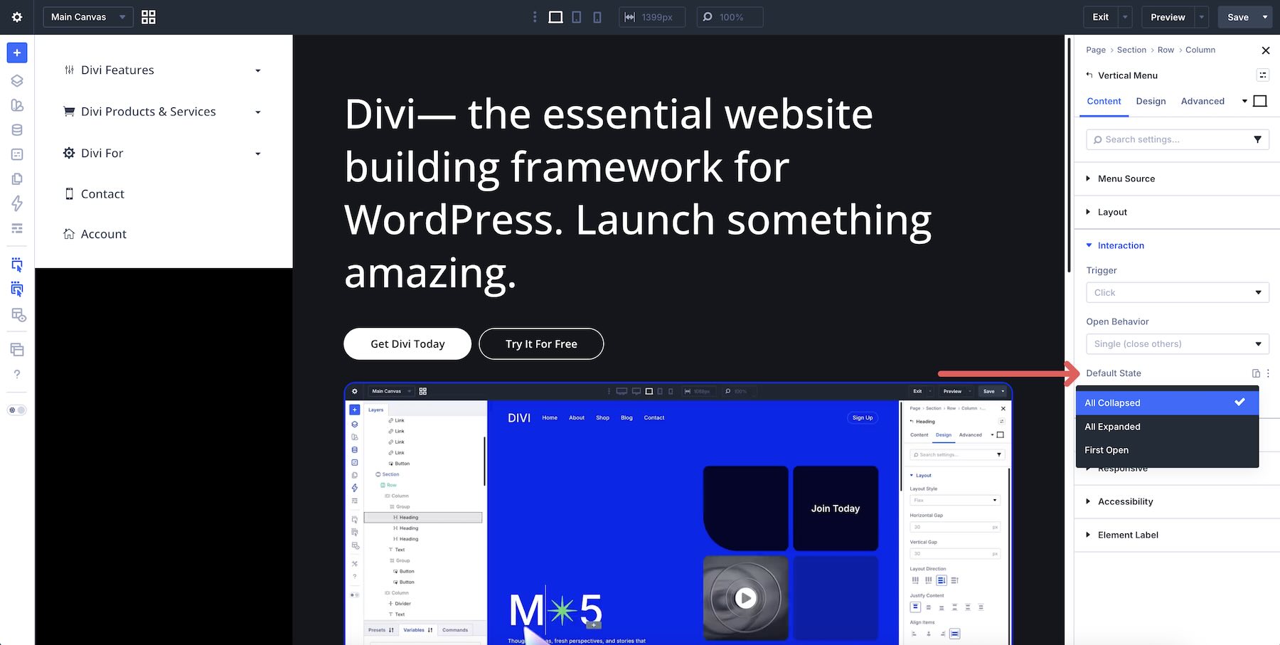 Default submenu state options in the Divi Vertical Menu module