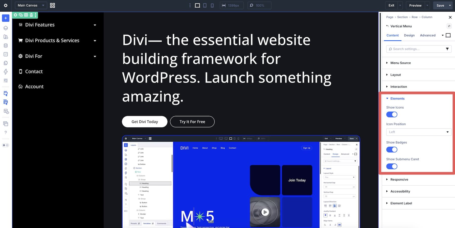 Icon, badge, and submenu caret options in the Divi Vertical Menu module