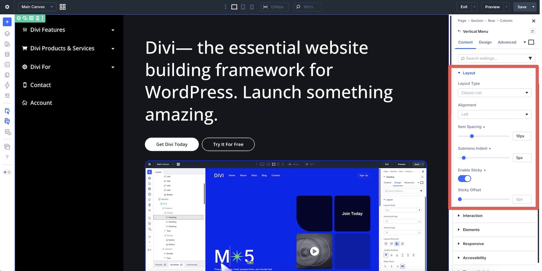 Layout options in the Divi Vertical Menu module