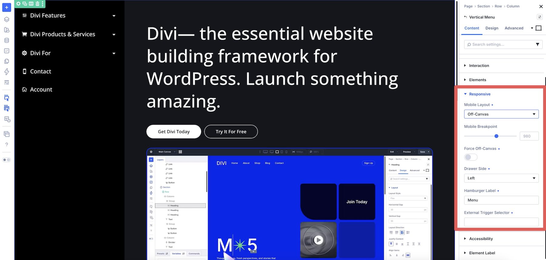 Responsive and mobile settings for the Divi Vertical Menu module