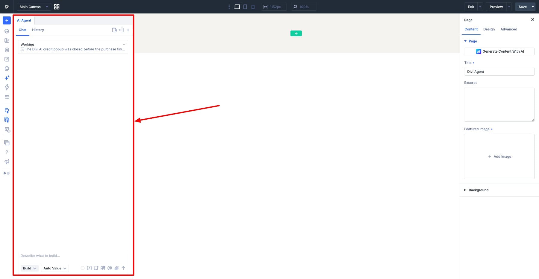 Divi AI Agents chat window and prompt controls