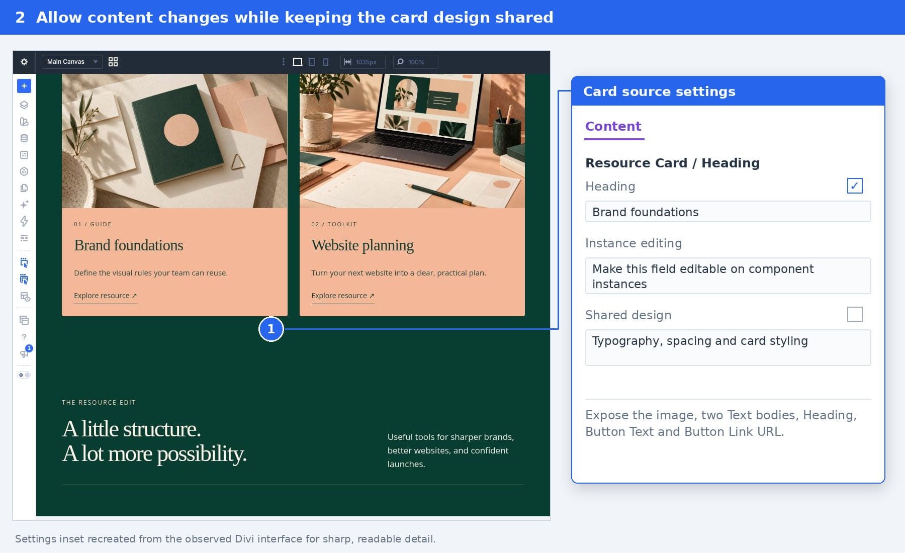 Resource Card source Heading field made editable on instances while the design remains shared.