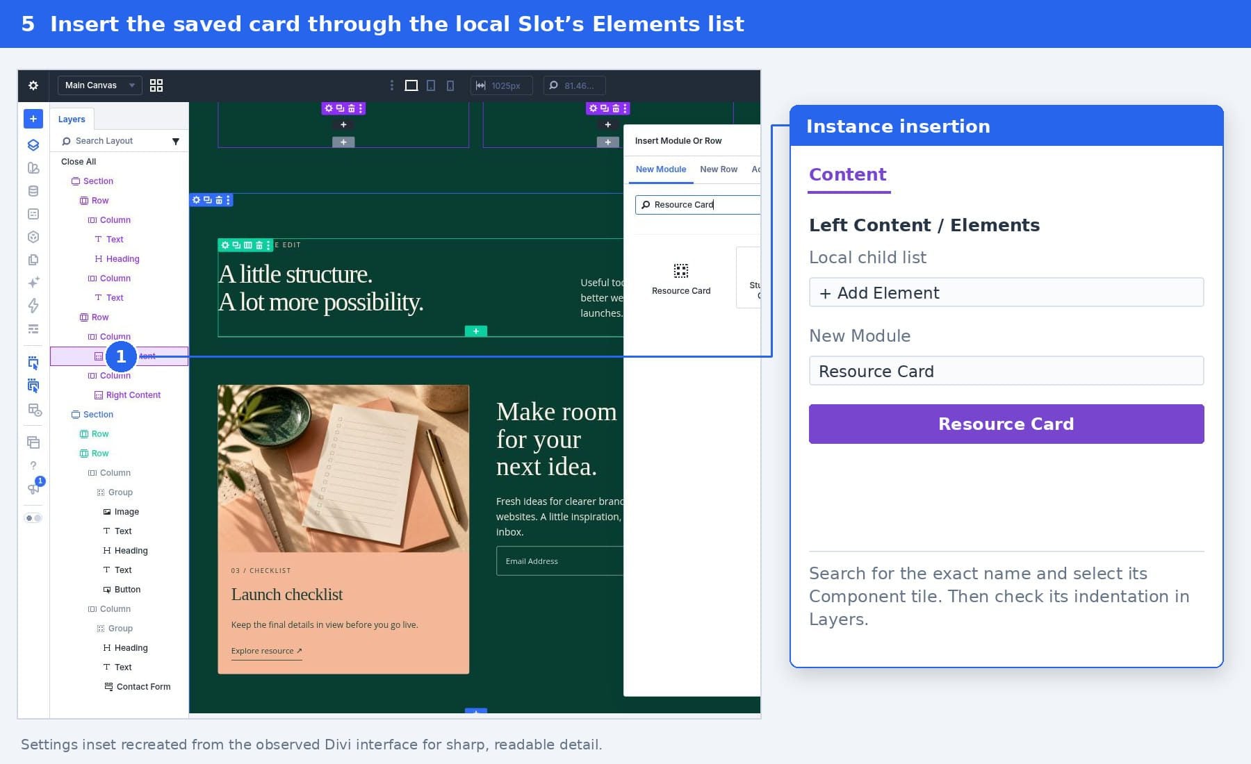 Search for Resource Card in the module picker opened through the local Slot's Elements list.