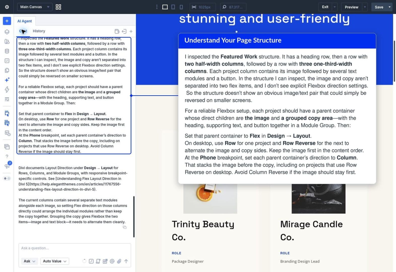 Ask explaining the structure the Featured Work section needs for alternating layouts