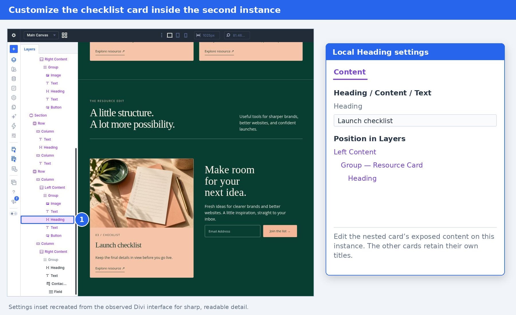 Edit the nested card&rsquo;s local title inside the second Resource Collection instance&rsquo;s Left Content Slot.