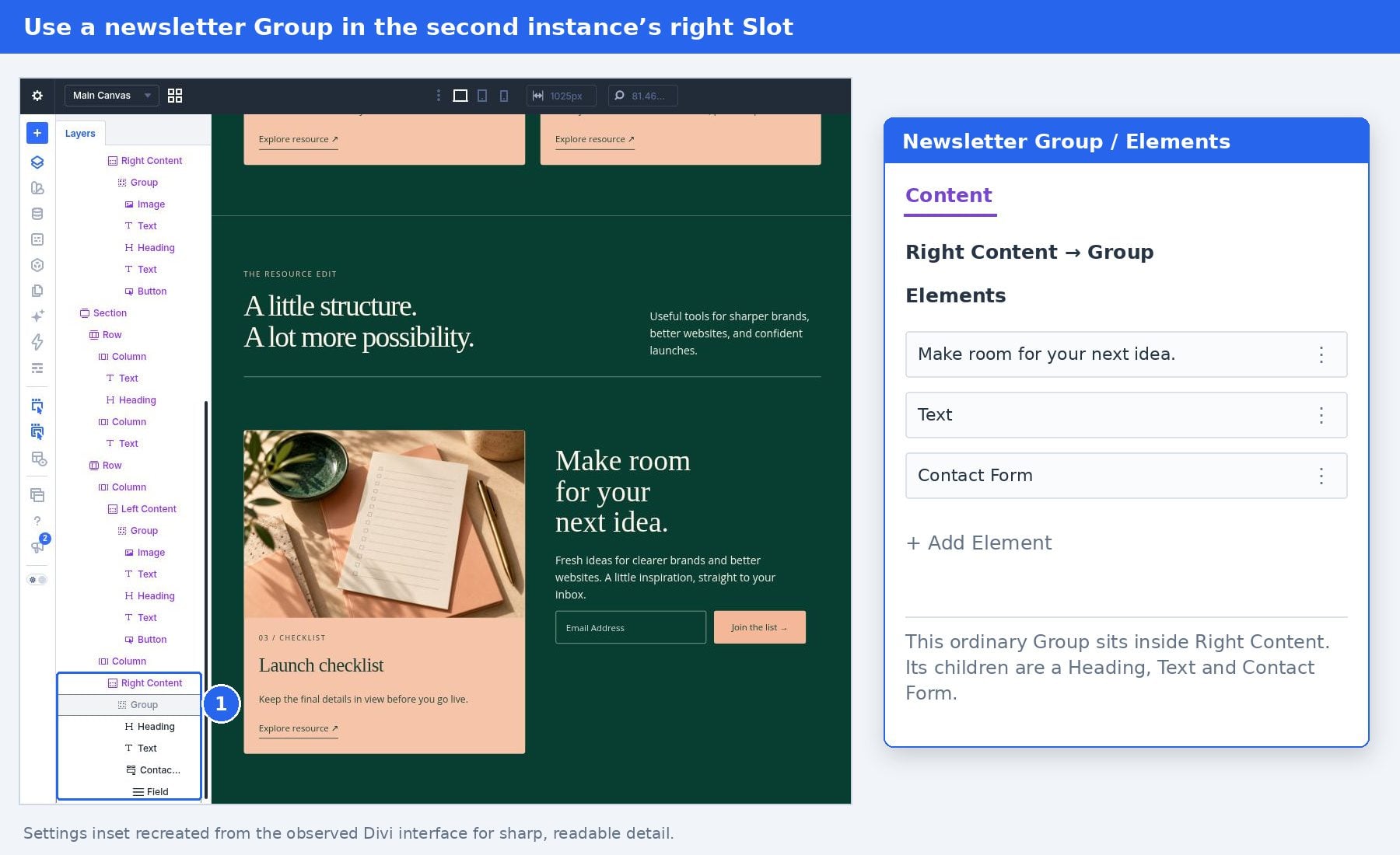 An ordinary newsletter Group nested inside the second instance&rsquo;s Right Content Slot contains a Heading, Text, and Contact Form.