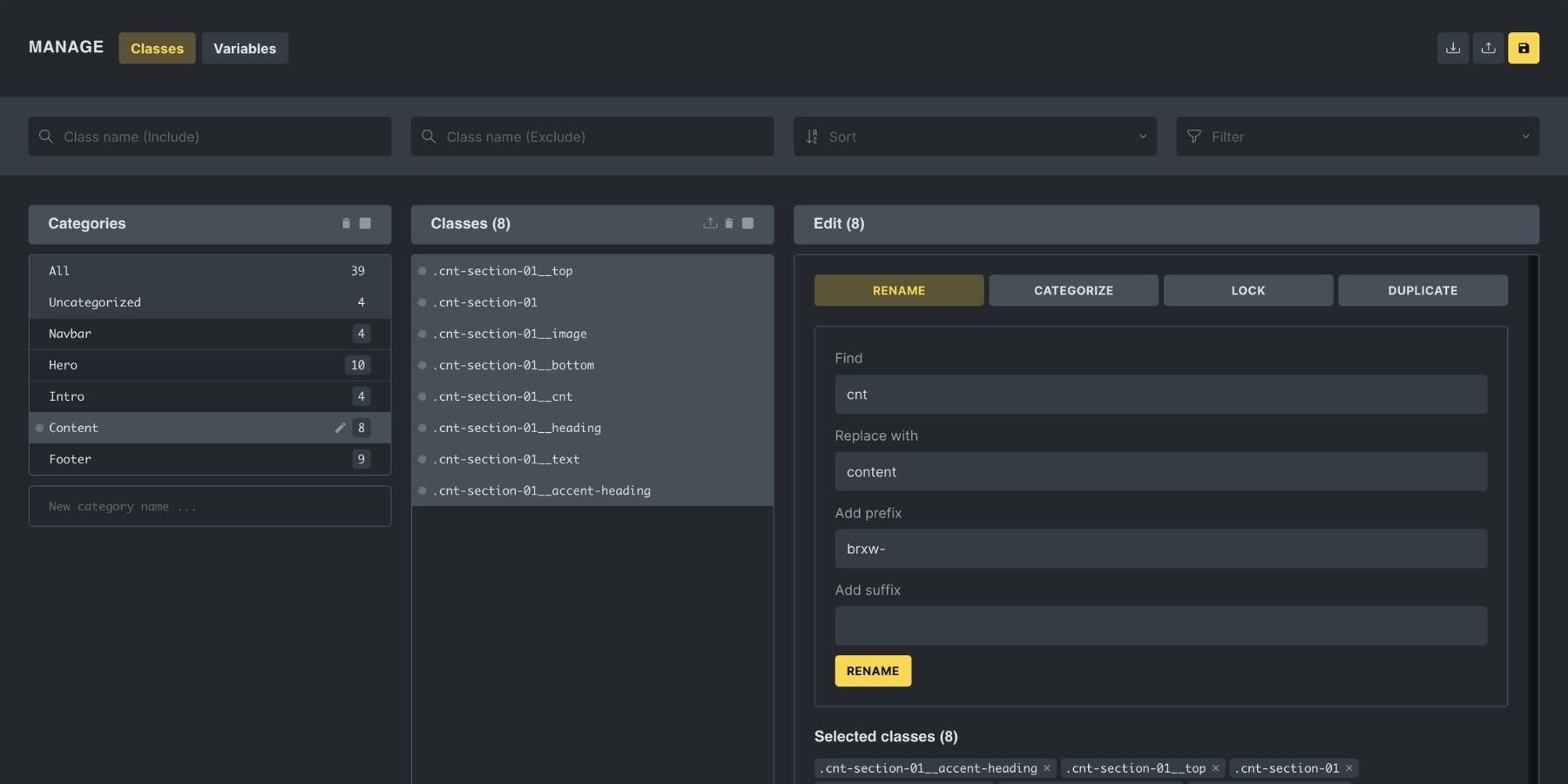 A screenshot of Bricks' class manager