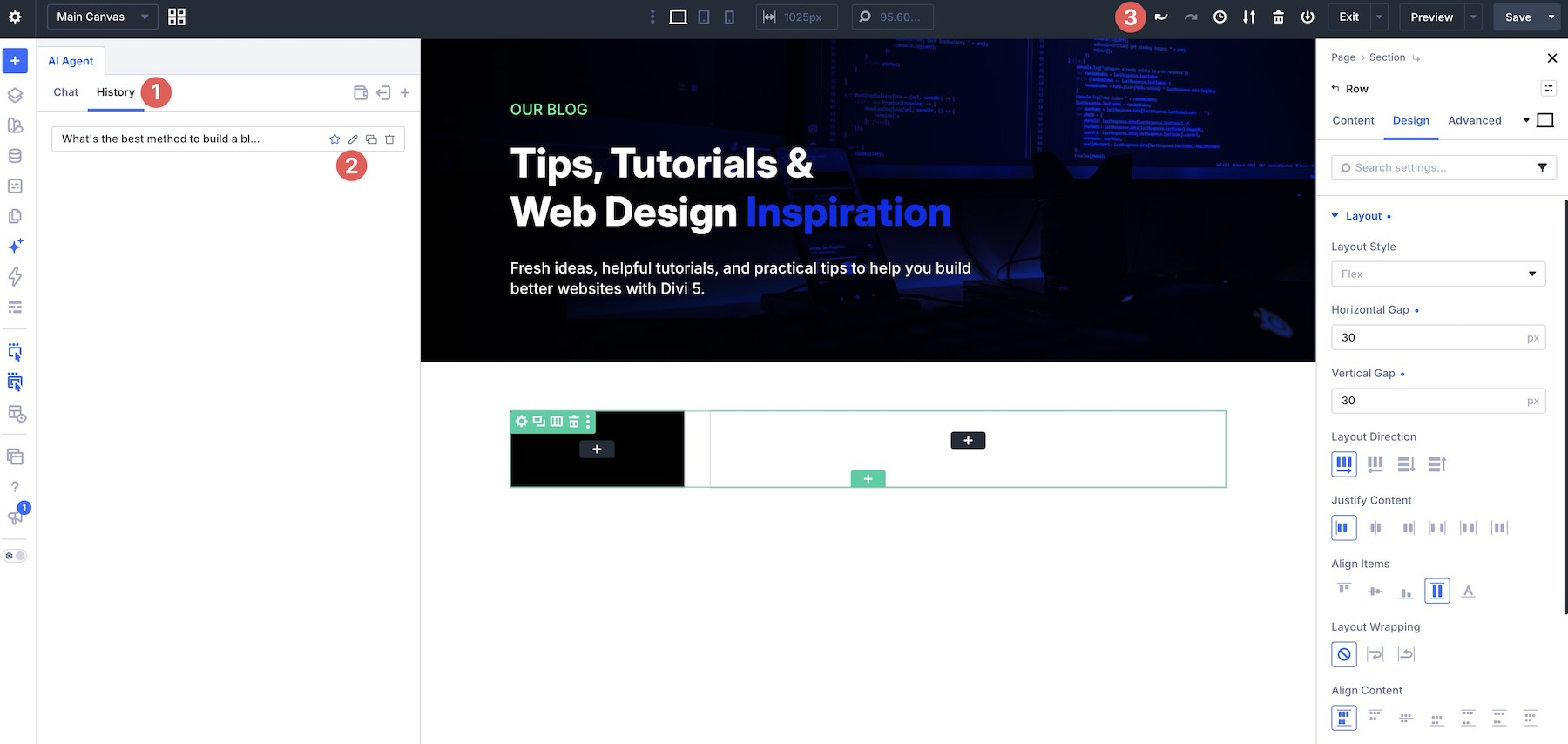 Divi AI Agents History tab