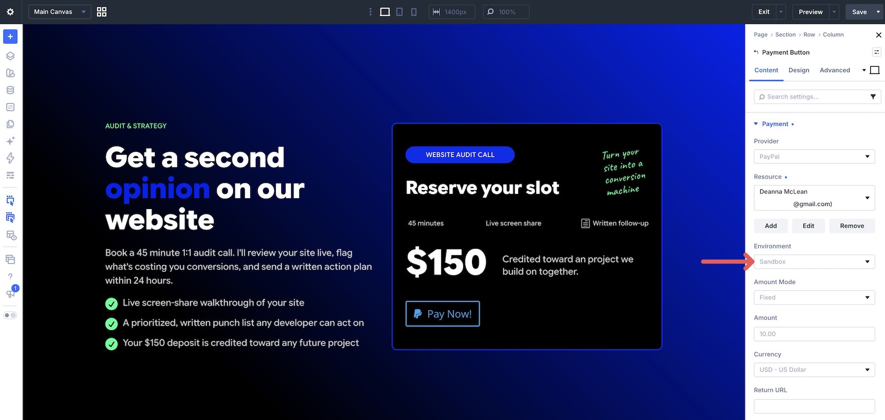PayPal Sandbox selected in the Environment field