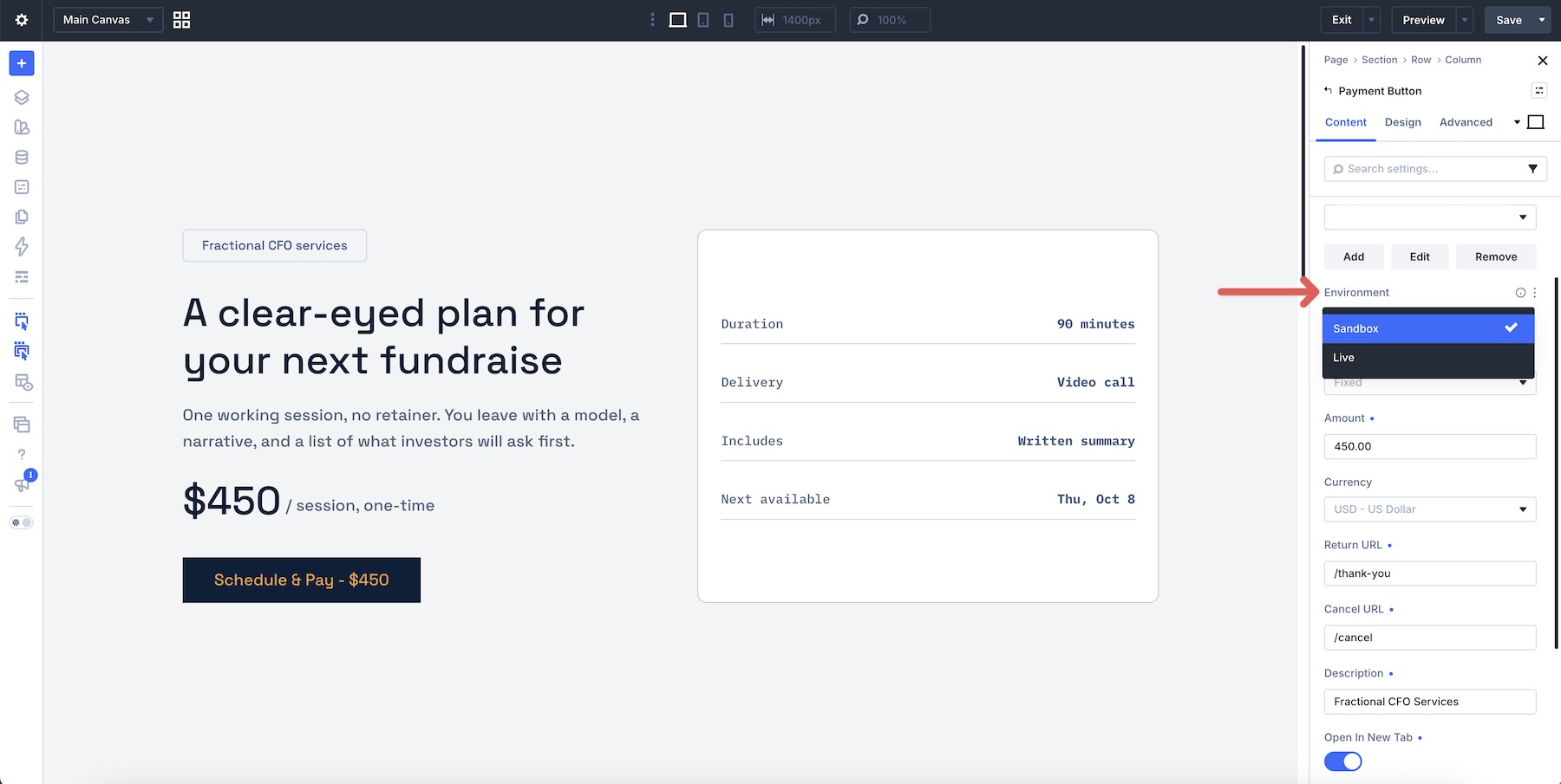 Payment Button Module Environment field