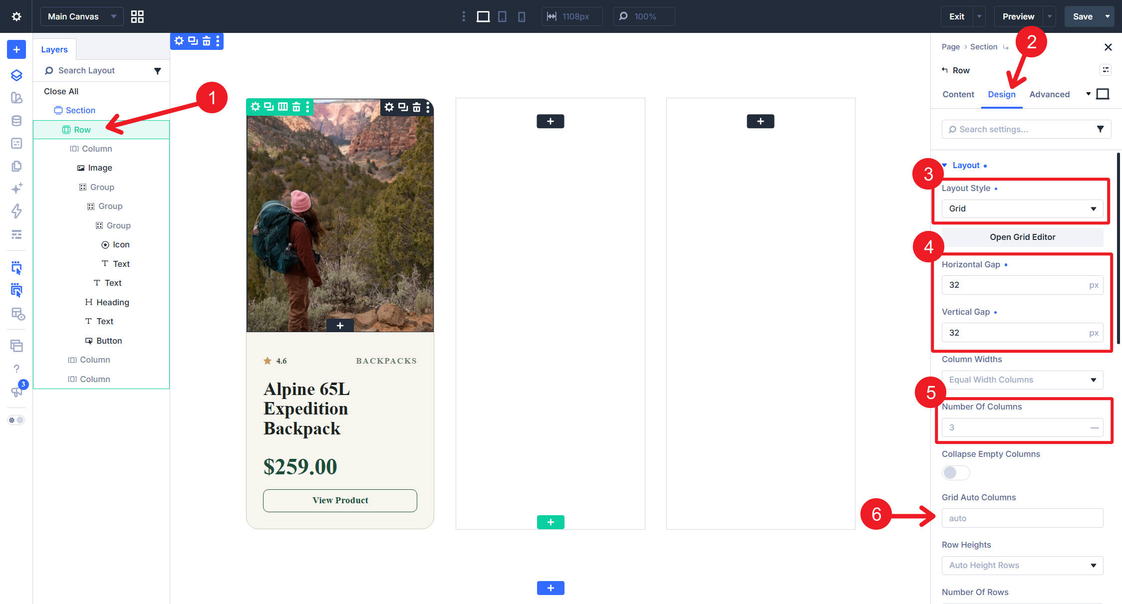 Product grid container with CSS Grid settings in Divi 5