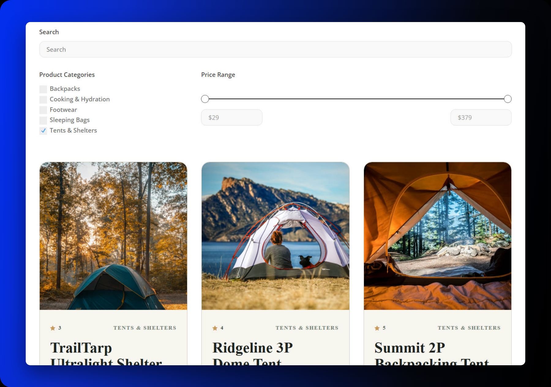 The finished filterable outdoor gear product grid