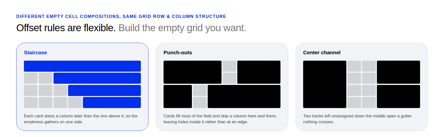 Three grid compositions using empty cells to create stepped, punchout, and channel shapes