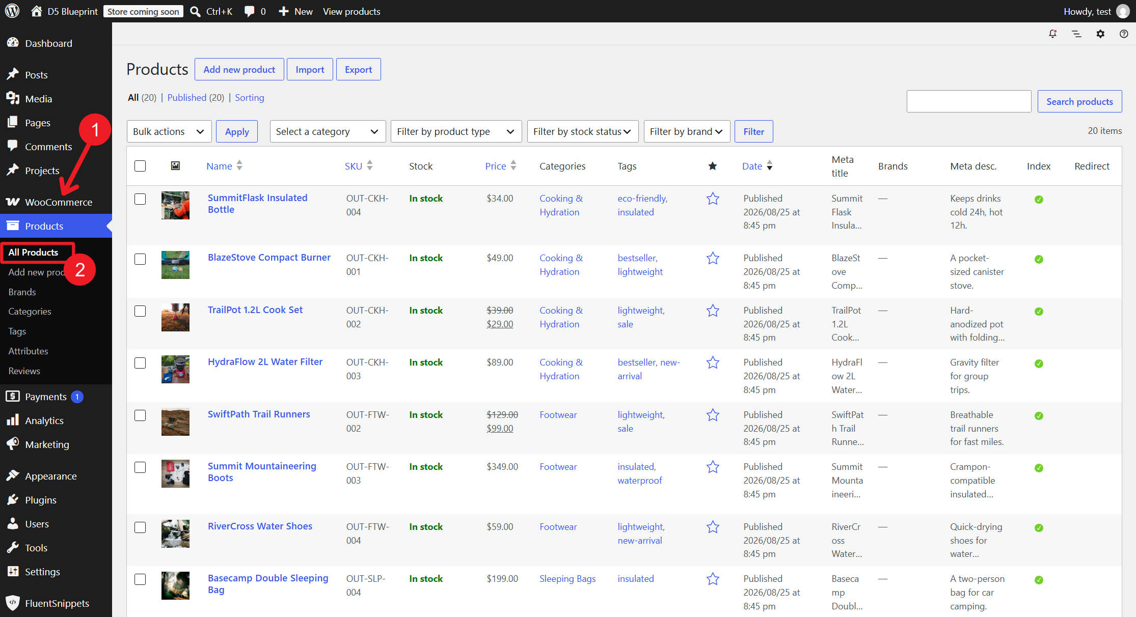 WooCommerce installed with a populated product catalog