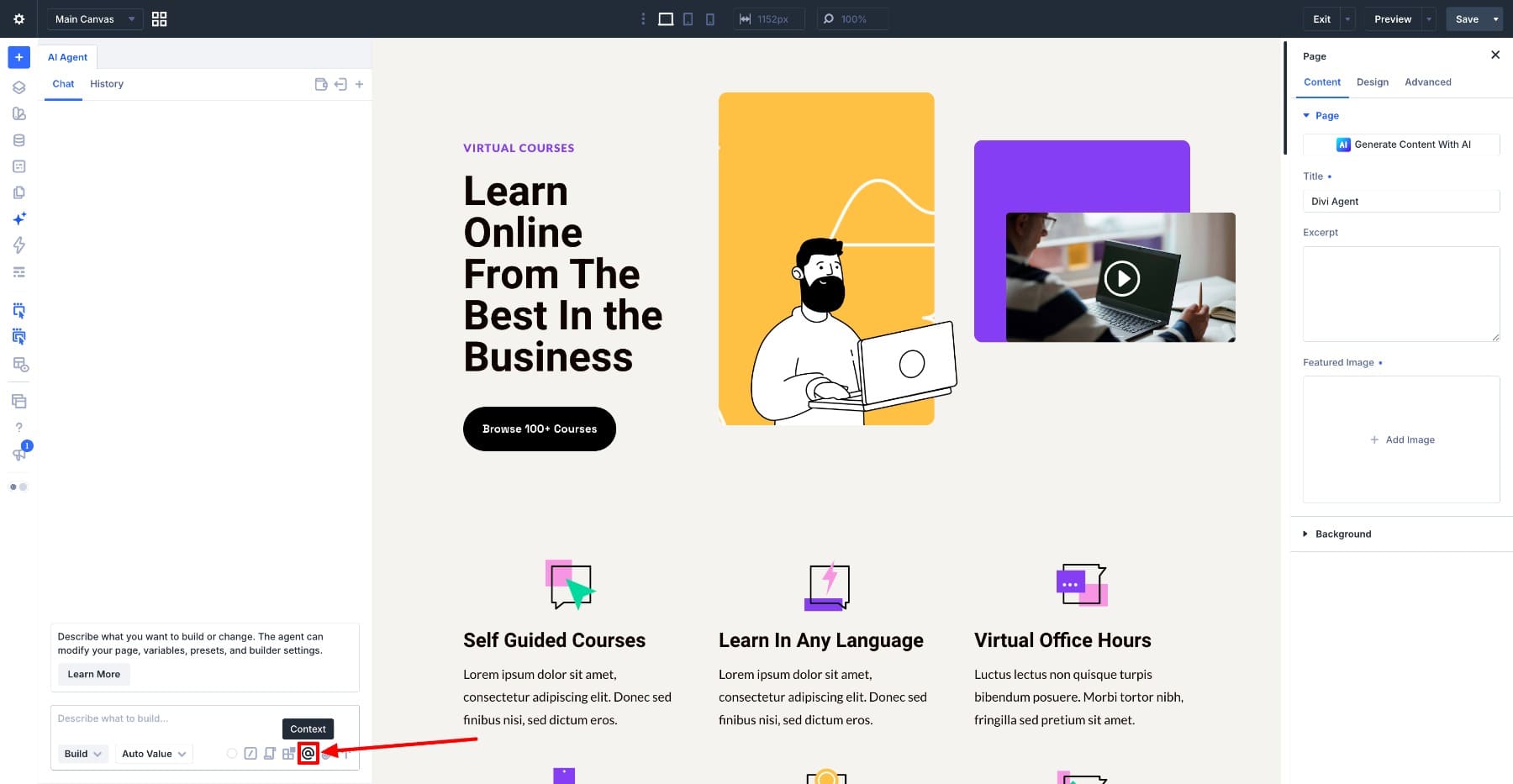 Context icon in the Divi AI Agents composer