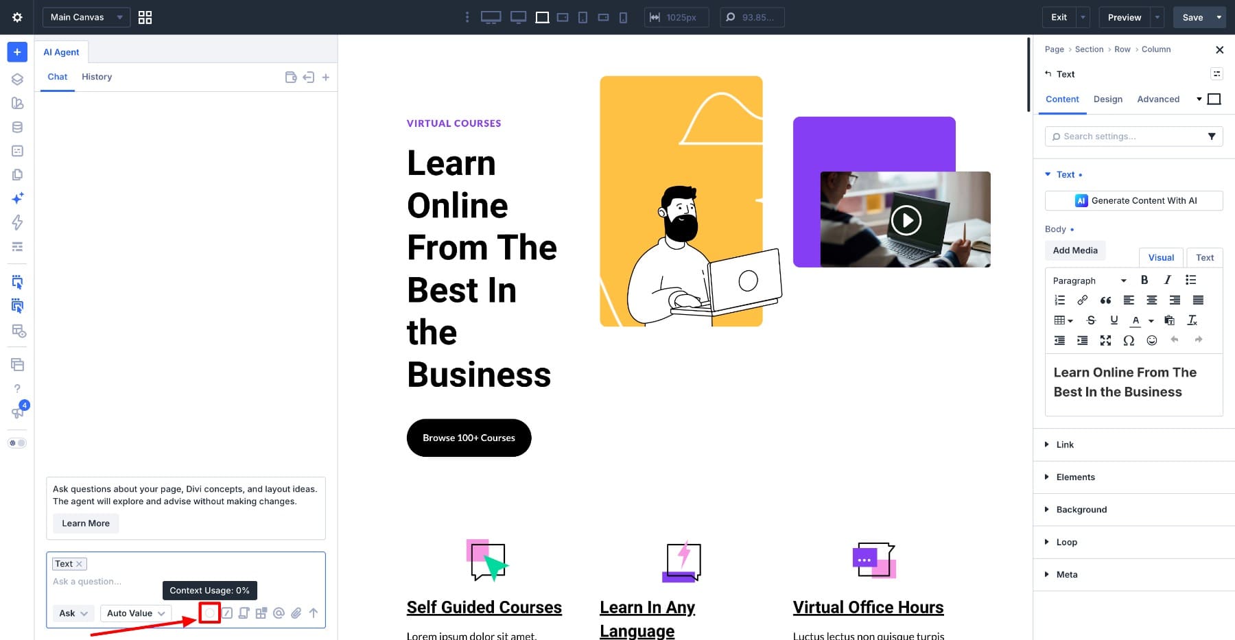 Context Usage meter in the Divi AI Agents chat window