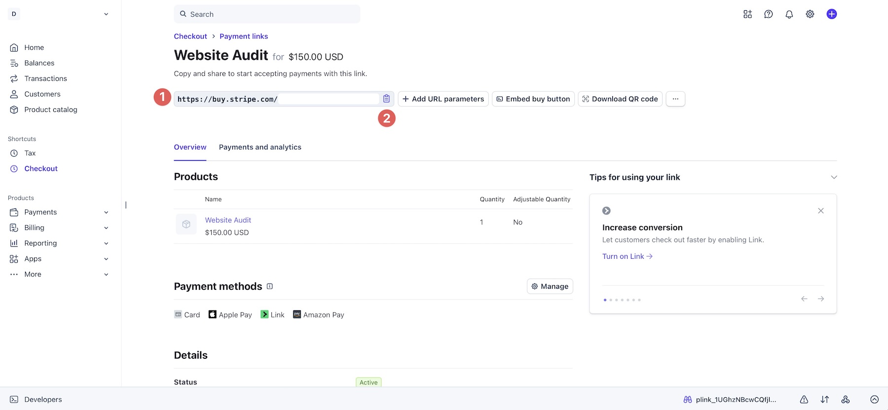 Copy the Stripe Payment Link URL