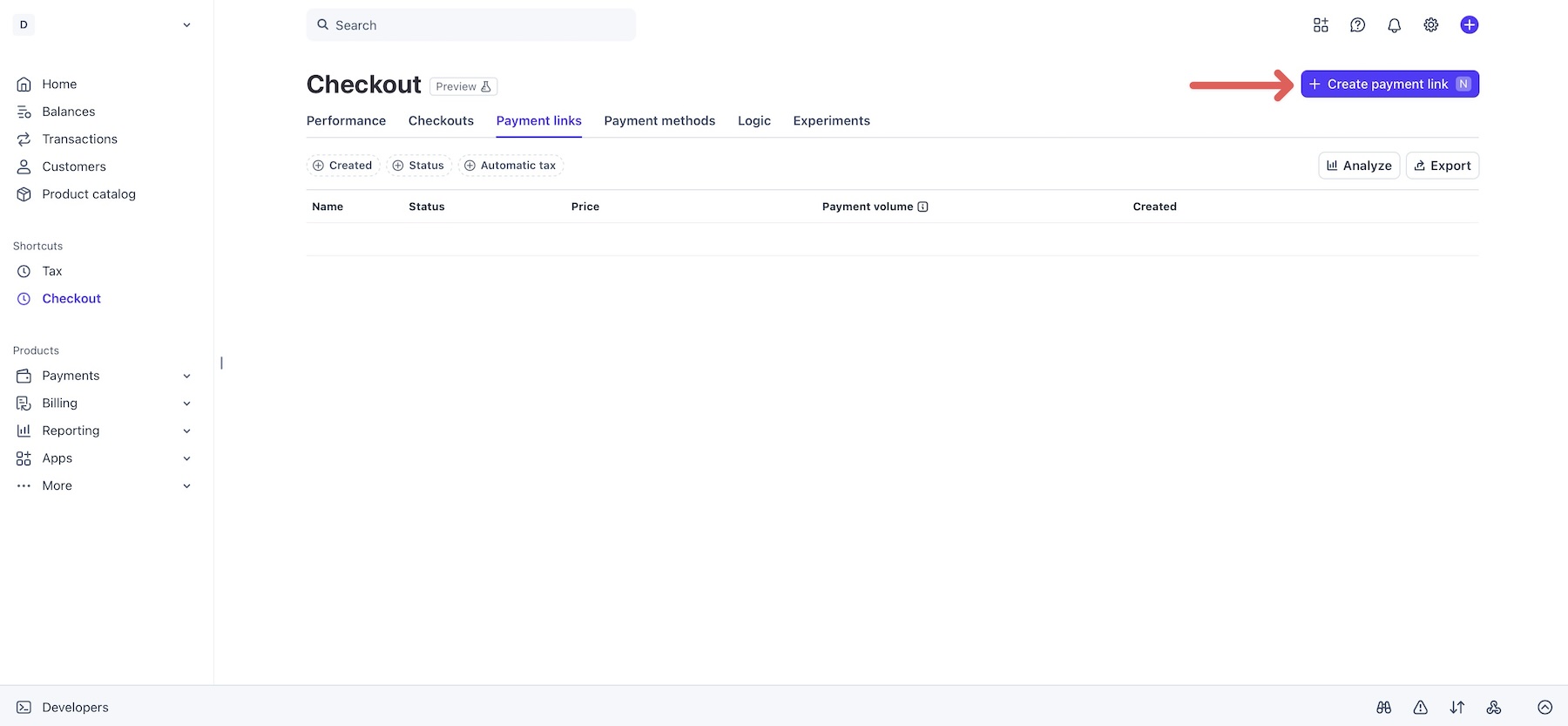 Create Payment Link button in Stripe