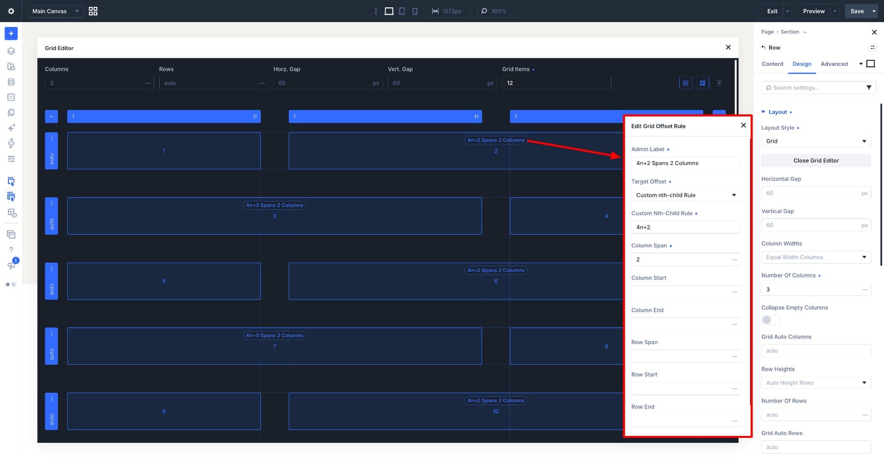 Grid Offset Rules displayed alongside their affected items in the Grid Editor