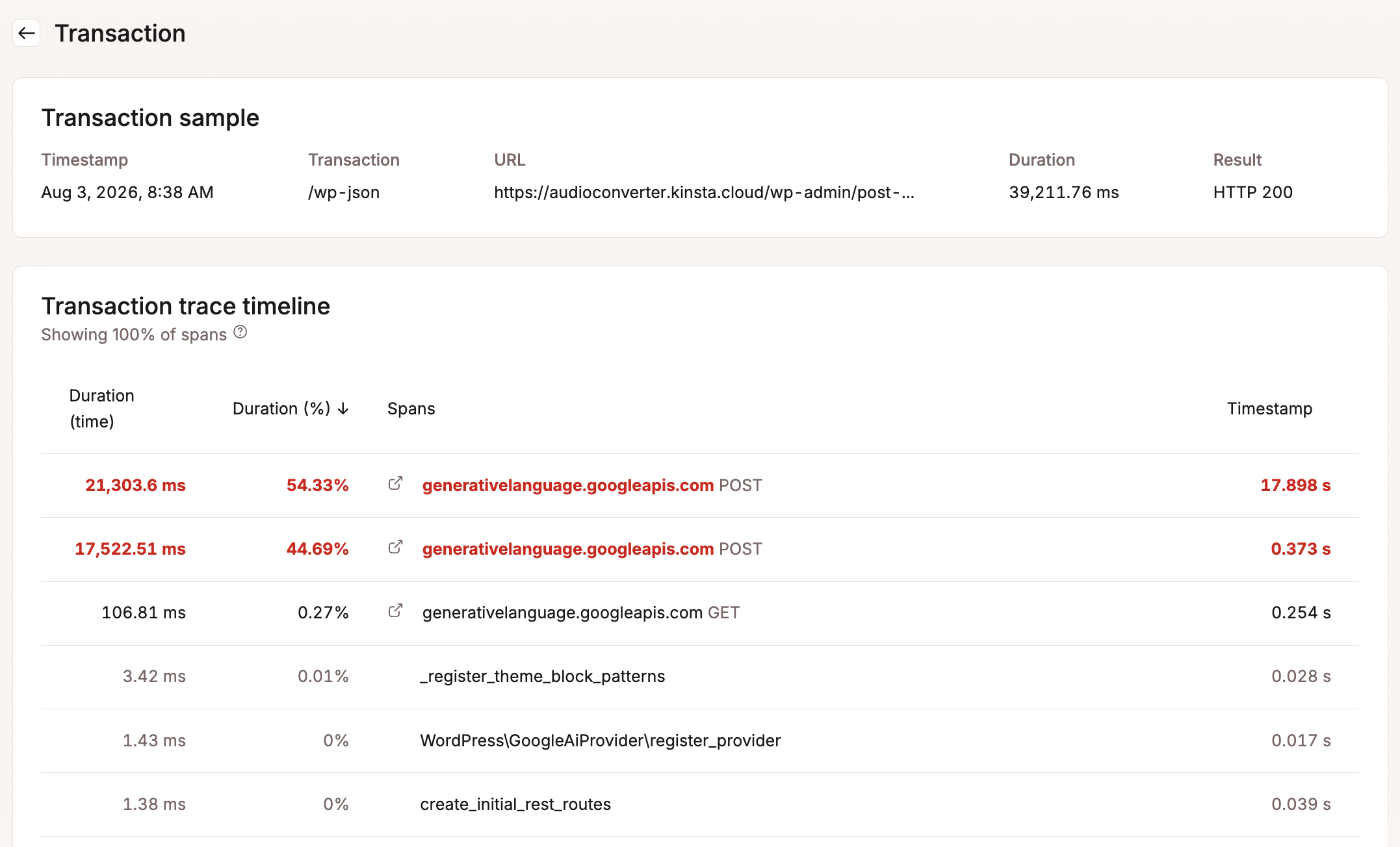 Kinsta APM showing the duration of two calls to the Gemini API.