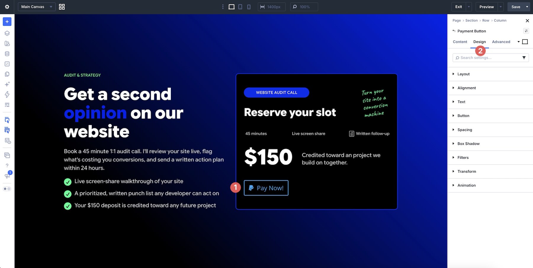 Payment Button Module Design tab