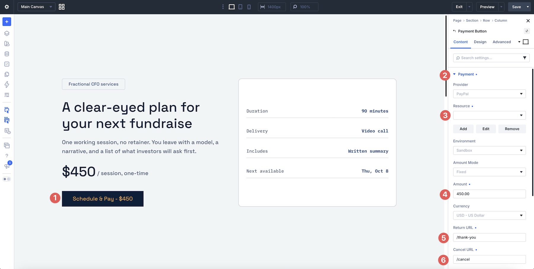Payment Button Module interface in Divi 5