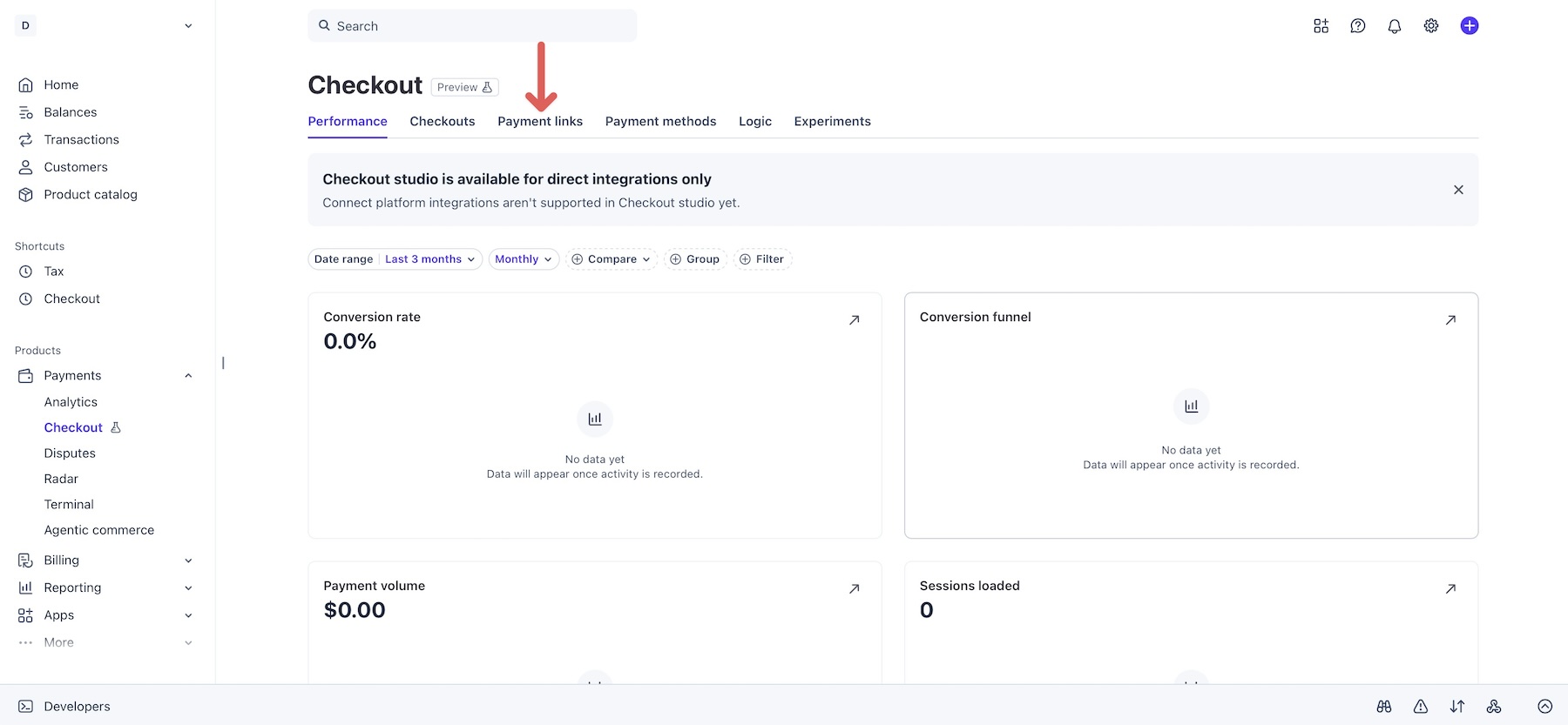 Payment Links tab in Stripe