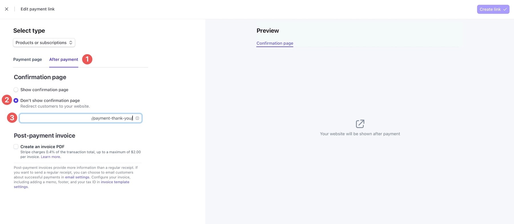 Stripe after-payment redirect URL settings