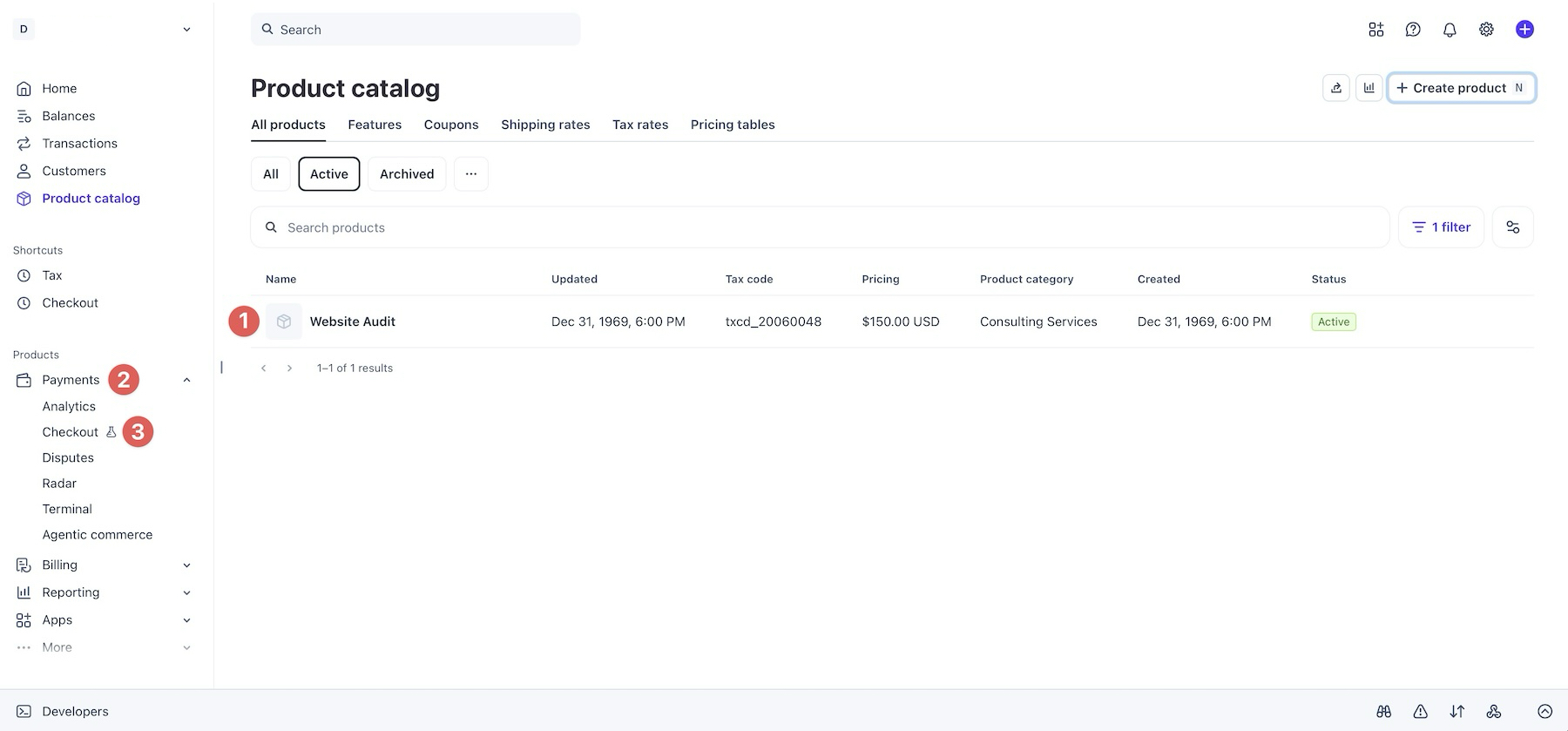 Payments and Checkout navigation in Stripe